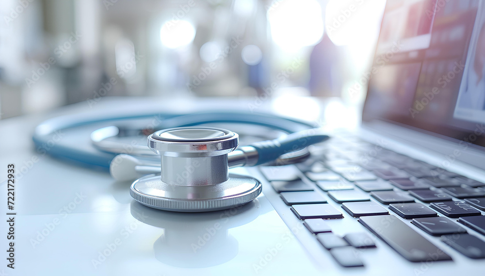 medical stethoscope on laptop keyboard on blurred doctor and white hospital background medical stethoscope on laptop keyboard on blurred doctor and white hospital background