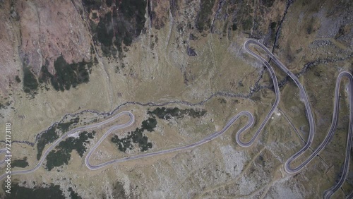 Top down drone shot of curvy mountain road