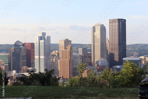 Panoramic view of the bridge and river in the downtown city of Pittsburgh  Pennsylvania    aerial  birds  eye view of downtown and river with river.