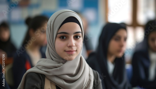 a young muslim woman in a hijab in a classroom