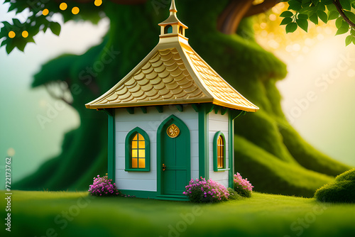 Fairytale tree house in a mysterious forest, house of pixies and elves. template for design. Playground AI platform.