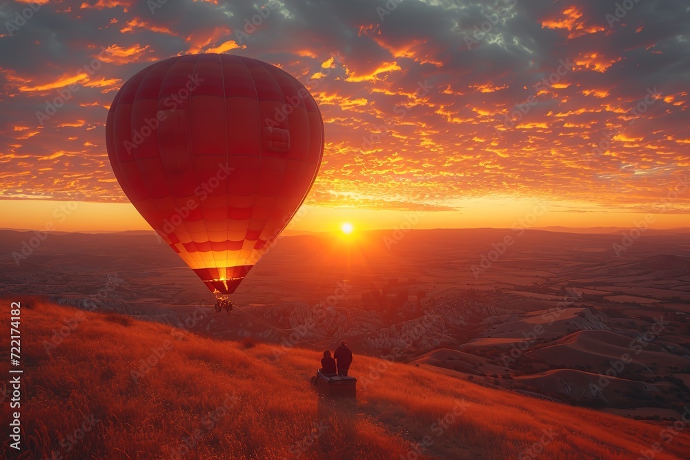 Romantic sunrise hot air balloon ride with a couple