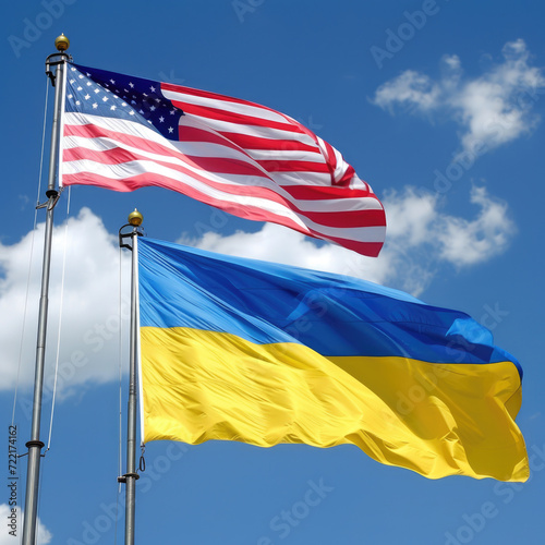Obraz na płótnie Ukrainian and American Flags Waving in Unity, Generative AI w salonie