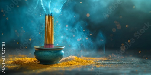 burning yellow incense sticks in the turquoise colour pot on the wooden table with smoke around it.  