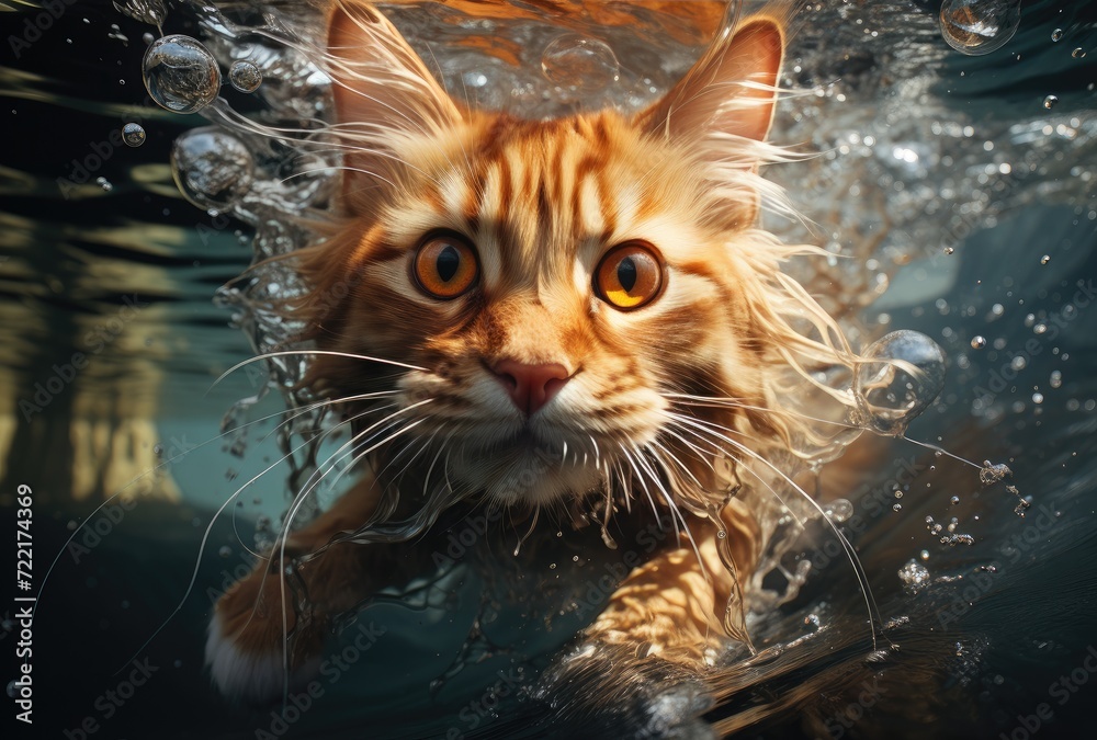 A curious domestic cat, with its sleek fur and delicate whiskers, confidently swims through the glistening water, embodying the graceful nature of the feline species