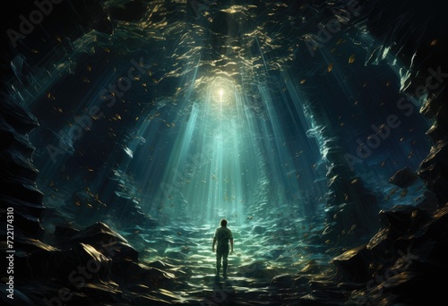 A solitary figure embraces the peaceful serenity of nature s inner sanctum  bathed in the soft glow of ethereal light within the depths of a cave