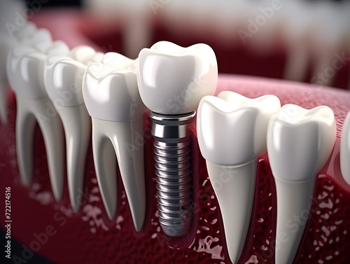 A 3D rendered conceptual illustration showing the cross-section of a dental implant procedure