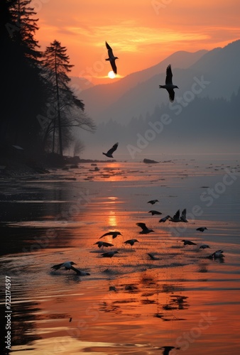 A mesmerizing display of nature's beauty as a majestic flock of birds gracefully soars over the tranquil waters, with the vibrant hues of the setting sun and looming mountains creating a breathtaking