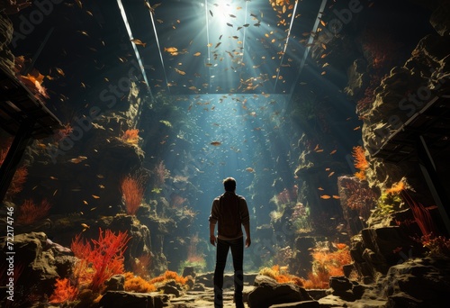 A lone explorer stands in awe as he gazes upon a mesmerizing underwater world, where the night sky meets a vibrant reef and fish dance through the air like graceful ballerinas