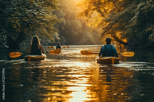 Romantic tandem kayaking adventure with a couple paddling through serene waters © create