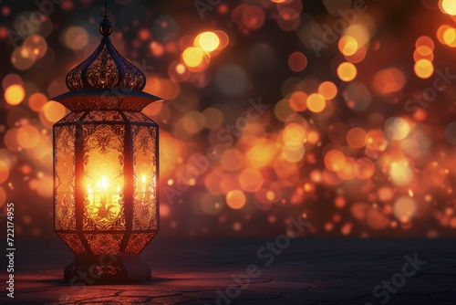 Ramadan mubarak banner background with arabic lantern with bokeh background, light burning candle background