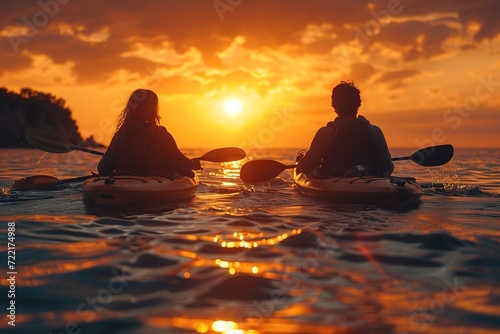 Romantic tandem kayaking adventure with a couple paddling through serene waters