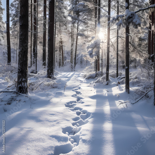A trail of footprints in the snow leading into a forest. © Cao