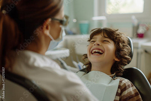 Little boy sitting in dental chair with open mouth and smiling while visiting dentist