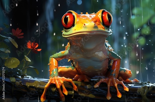 A lively true frog perches on a branch, admiring a delicate flower in an aquatic world of whimsical cartoon creatures