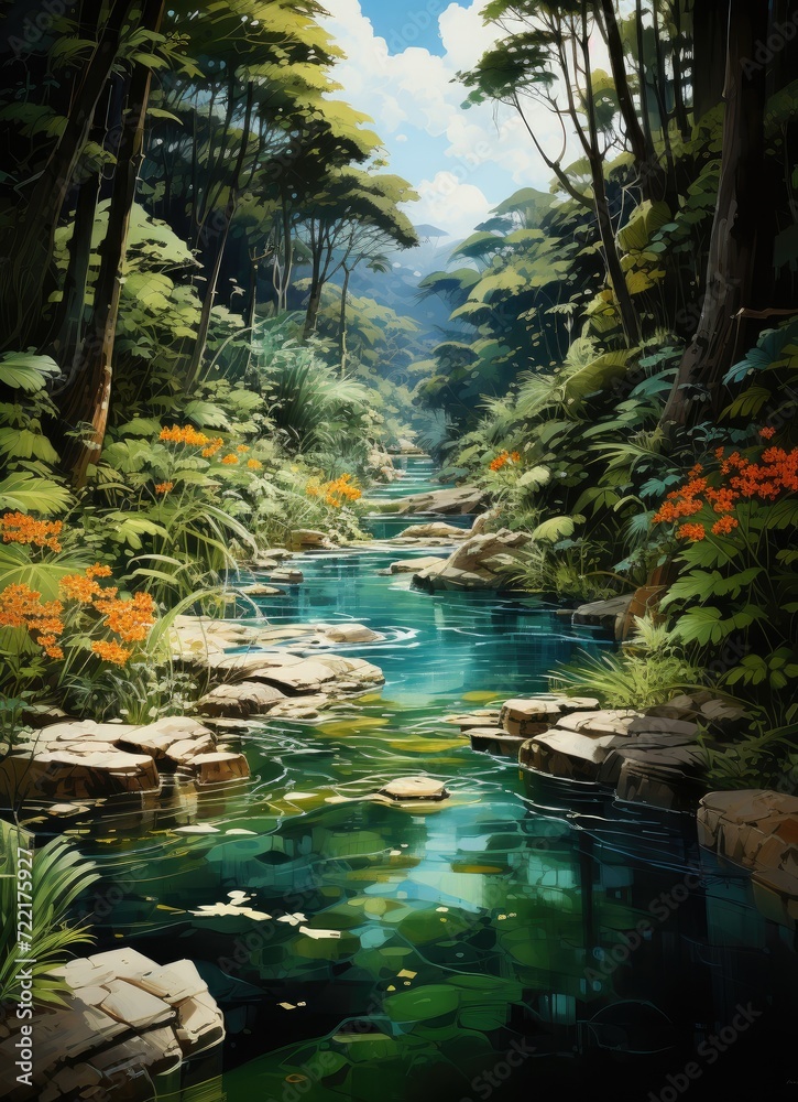 A stunning painting of a tranquil river winding through a lush forest, showcasing the harmony between water and nature in a peaceful natural landscape