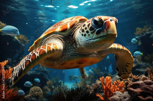A majestic sea turtle glides gracefully through the colorful reef, embodying the delicate balance of life and beauty in the underwater world of marine biology