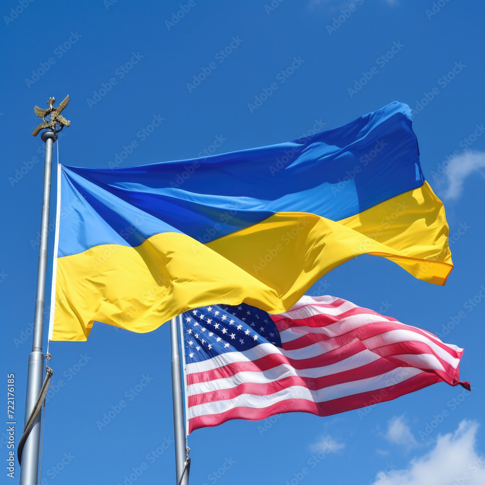 Ukrainian and American Flags Waving in Unity, Generative AI