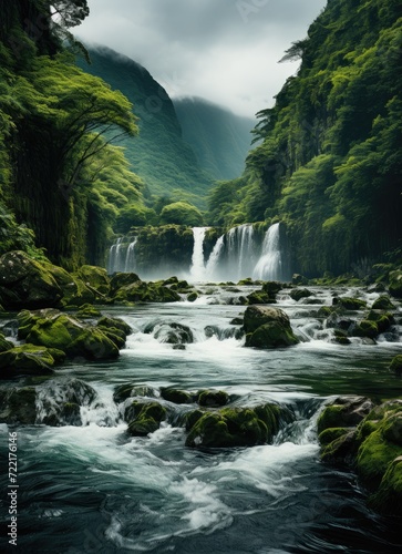 Nature s tranquil beauty  a cascading waterfall nestled in a lush forest of trees  flows with the majestic power of a mountain river through a peaceful valley