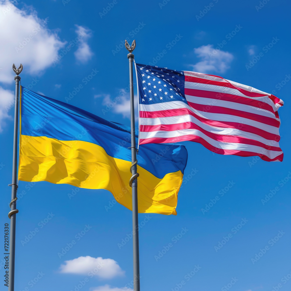 Ukrainian and American Flags Waving in Unity, Generative AI