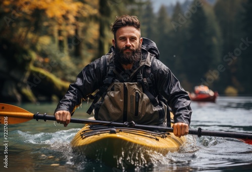 A solitary figure glides through the tranquil waters, surrounded by lush trees, with only a paddle and a trusty life jacket for company - the perfect embodiment of outdoor recreation and the joy of k