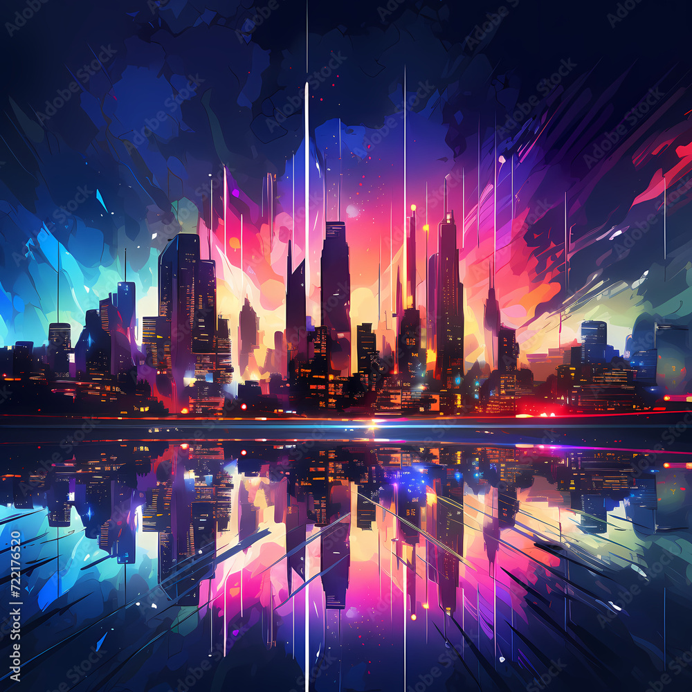 Abstract city skyline with neon lights.