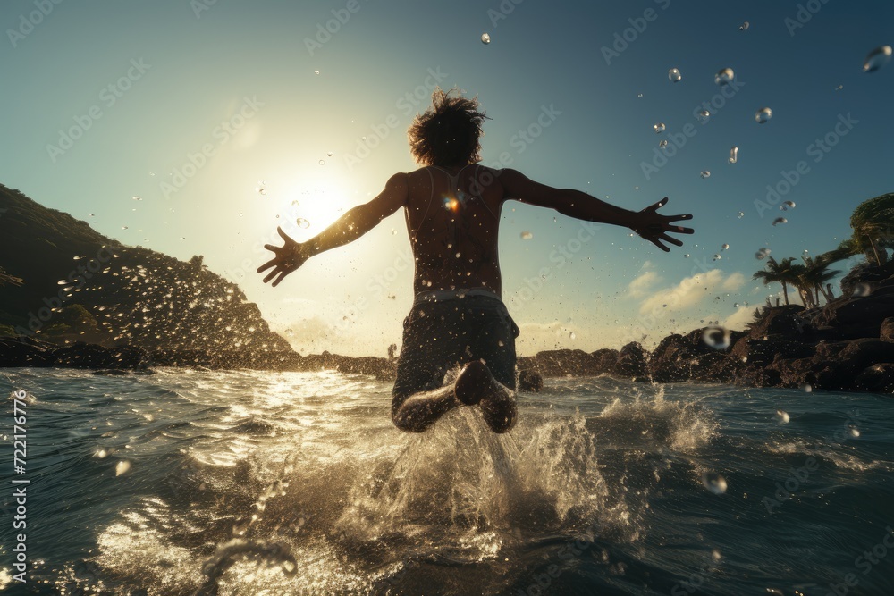 A fearless individual dives into the refreshing ocean, the bright blue sky above and the crashing waves below, embracing the thrill of outdoor swimming and leaving a splash of energy in their wake at - obrazy, fototapety, plakaty 
