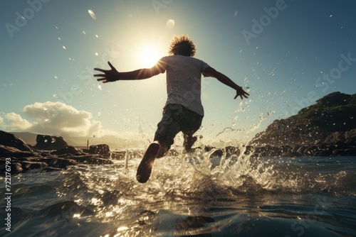 A daring individual leaps through the crashing waves, surrounded by the vibrant colors of a sunset over the ocean, wearing casual beach attire and grasping a frisbee in their hand photo