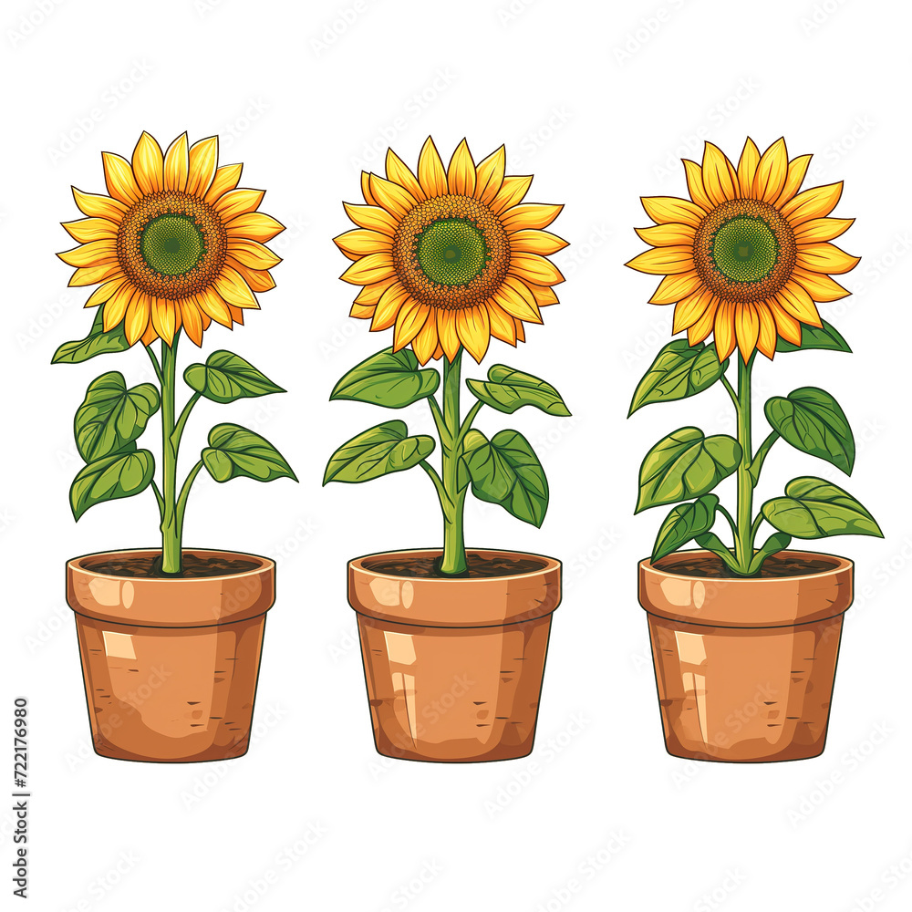 Obraz premium Illustration of sunflowers in pots isolated on transparent background