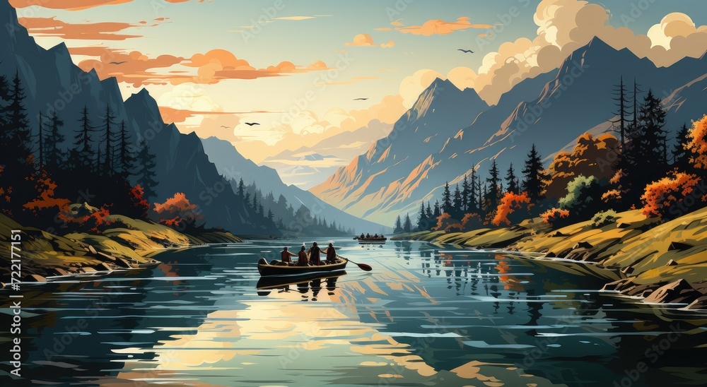 As the sun sets behind the rugged mountains, a group of friends peacefully glide down the tranquil river in their boat, surrounded by the majestic landscape of trees and ravines, capturing the beauty - obrazy, fototapety, plakaty 