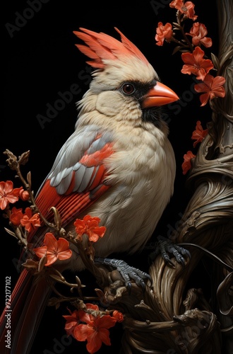 A cardinal perches on a branch, its beak and feathers vibrant against the backdrop of colorful flowers, embodying the beauty and grace of nature in the great outdoors