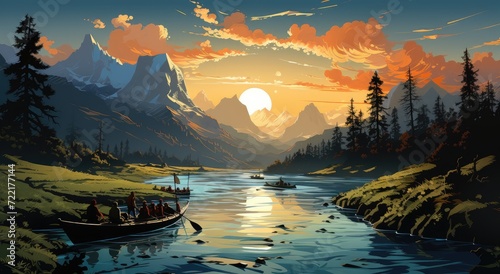 A serene painting of a group of friends sailing along a river at sunset, surrounded by majestic mountains and lush trees in the stunning outdoor landscape