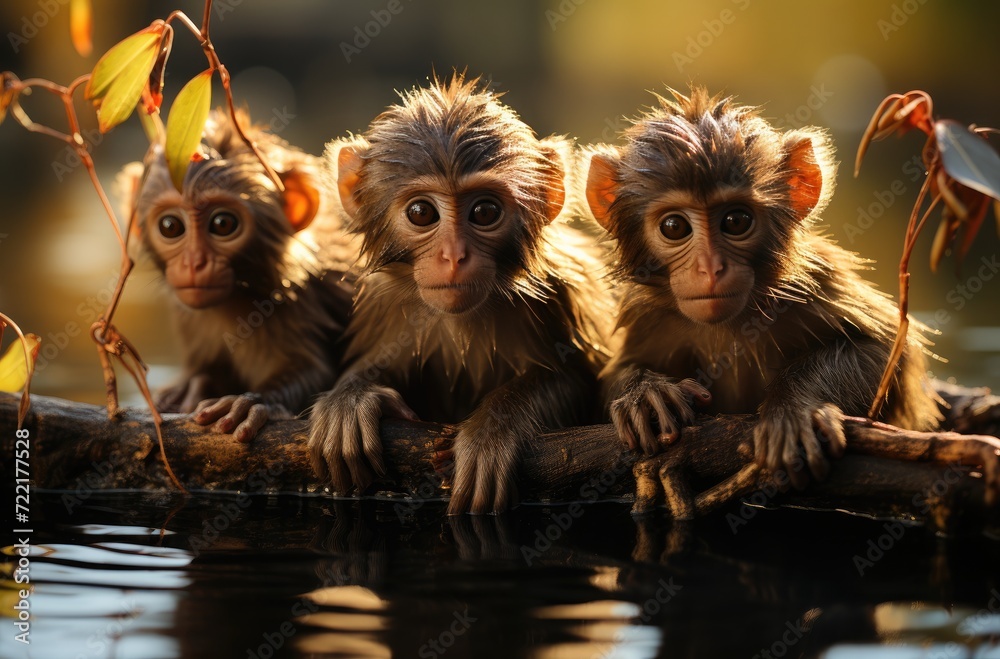 A playful group of macaques enjoy a refreshing dip on a branch in the serene waters, showcasing their wild and free spirit as they embrace their natural simian instincts