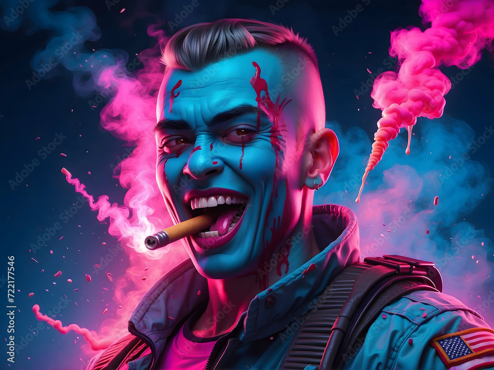 evil space gamer man with hair, with haircut military style, in realistic neon pink and bright neon blue