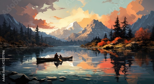 A tranquil scene of nature captured in a vibrant painting, with a canoe gliding peacefully on the reflective waters of the lake as the sun sets behind a majestic mountain