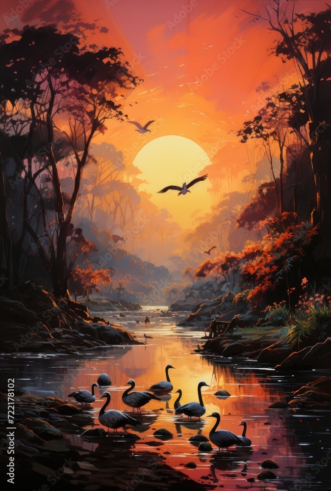 A tranquil outdoor painting capturing the beauty of a river adorned with colorful birds, reflecting the vibrant sunset and surrounded by lush trees, evoking a sense of peacefulness and connection wit