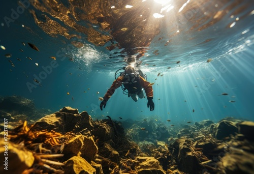 An aquanaut gracefully navigates the underwater world, surrounded by vibrant fish and towering rocks, with their trusty diving equipment and oxygen mask as their guide through the mesmerizing reef © LifeMedia