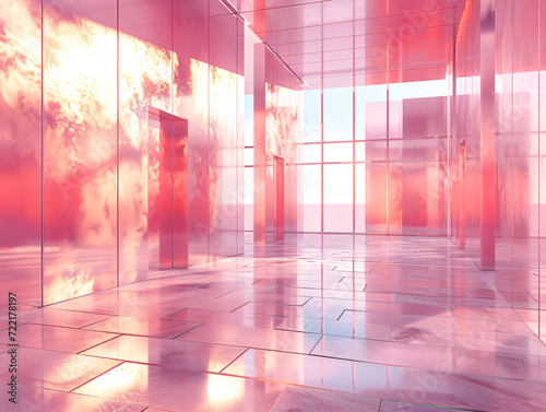 Futuristic pink large lobby and corridor with neon lights and reflections. 3d rendering