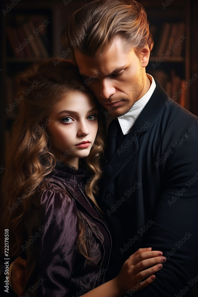 couple in love, a man in ancient medieval costume and a woman in a dress romantically hug at night. Cover of a book of romantic novel couple in love, a man in ancient medieval costume and a woman in a dress romantically hug at night. Cover of a book of romantic novel