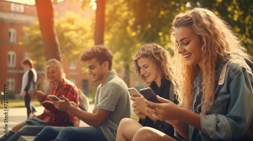Teenagers Addicted to Social Media - College Students Absorbed in Smartphone Usage on University Campus - Illustrating Modern Tech Dependency and Social Media Influence Among Youth.