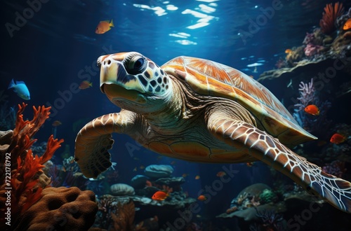 A majestic sea turtle glides through the crystal clear water  surrounded by vibrant coral and curious marine life  showcasing the beauty and diversity of our underwater world