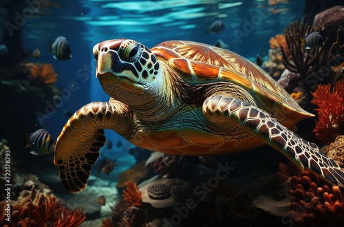 Graceful sea turtle glides through the vibrant reef  showcasing the wonders of marine biology and the beauty of underwater life