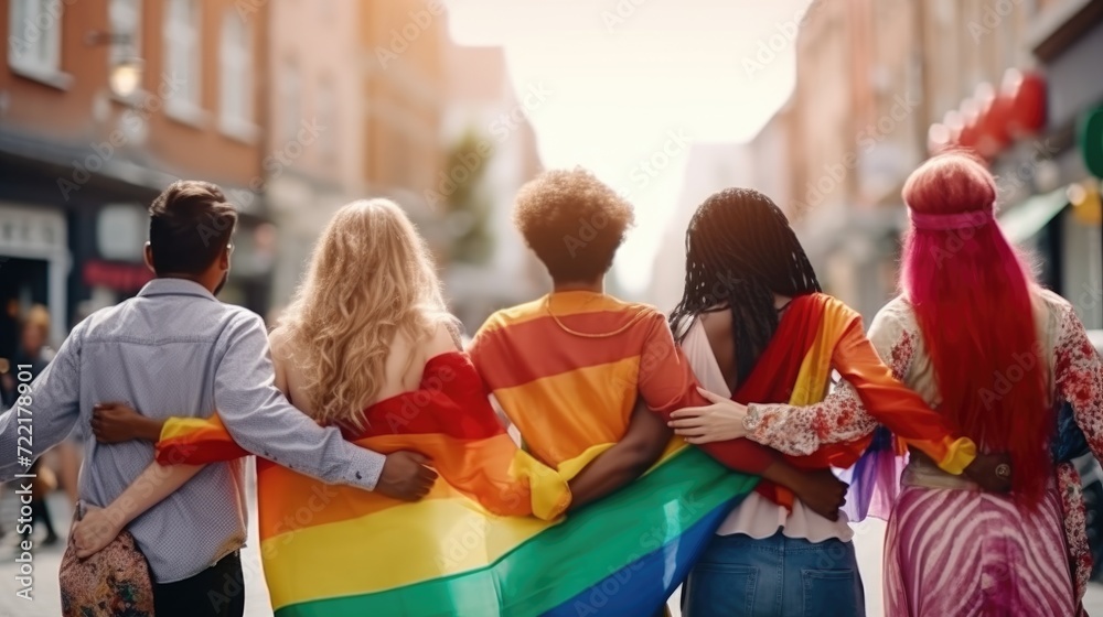 LGBTQ Pride. Diverse Group Holds Hands Outdoors, Happy Friends Embrace in Celebration. Gay Pride Concept with Guys and Girls Standing Together on City Street, Exuding Joy and Inclusivity