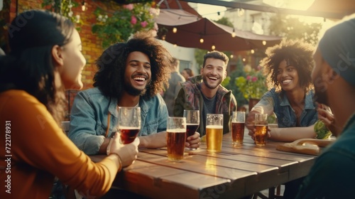 Multi-Ethnic Friends Enjoy Backyard Dinner. Diverse Group Toasting Beer Glasses. Young People Sitting at Bar Table Celebrate Togetherness and Friendship in Outdoor Social Gathering