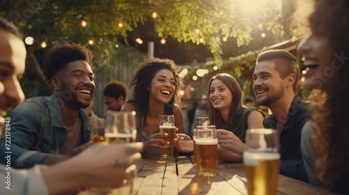 Multi-Ethnic Friends Toasting Beer at Backyard Dinner Party. Diverse Young People Enjoying Bar Table Gathering in Brewery Pub Garden. Socializing and Celebrating Togetherness with Cheers and Smiles