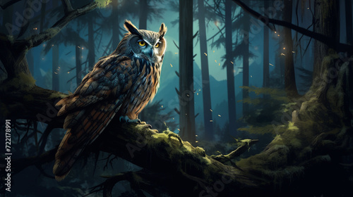 Ilustration of a Owl (Strigiformes) in a forest