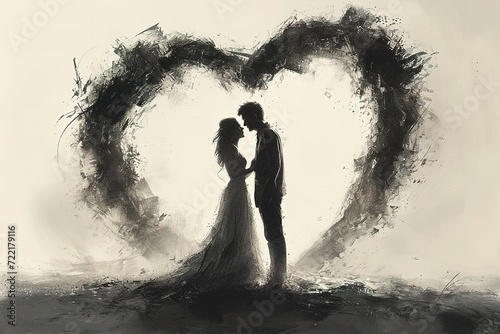 Sketch of a bride and groom sharing a sweet moment under a heart-shaped arch