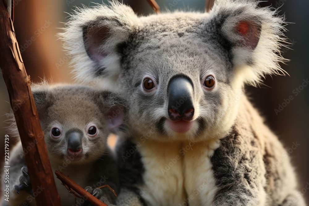 A mother koala lovingly grooms her baby joey's soft fur as they bask in the warm sun, showcasing the close bond between this endearing marsupial duo A mother koala lovingly grooms her baby joey's soft fur as they bask in the warm sun, showcasing the close bond between this endearing marsupial duo