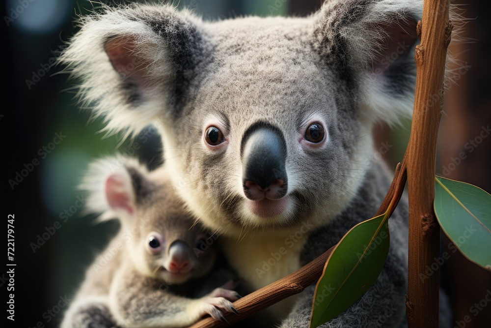 Obraz premium A peaceful scene of maternal love, as a marsupial mother and her snuggled baby koala cling to a lush green branch in the great outdoors