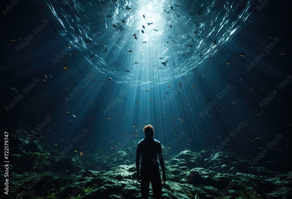 A mesmerizing underwater world comes to life as a lone figure stands in awe, watching the colorful fish dance amidst the gentle light of the reef and aquarium A mesmerizing underwater world comes to life as a lone figure stands in awe, watching the colorful fish dance amidst the gentle light of the reef and aquarium